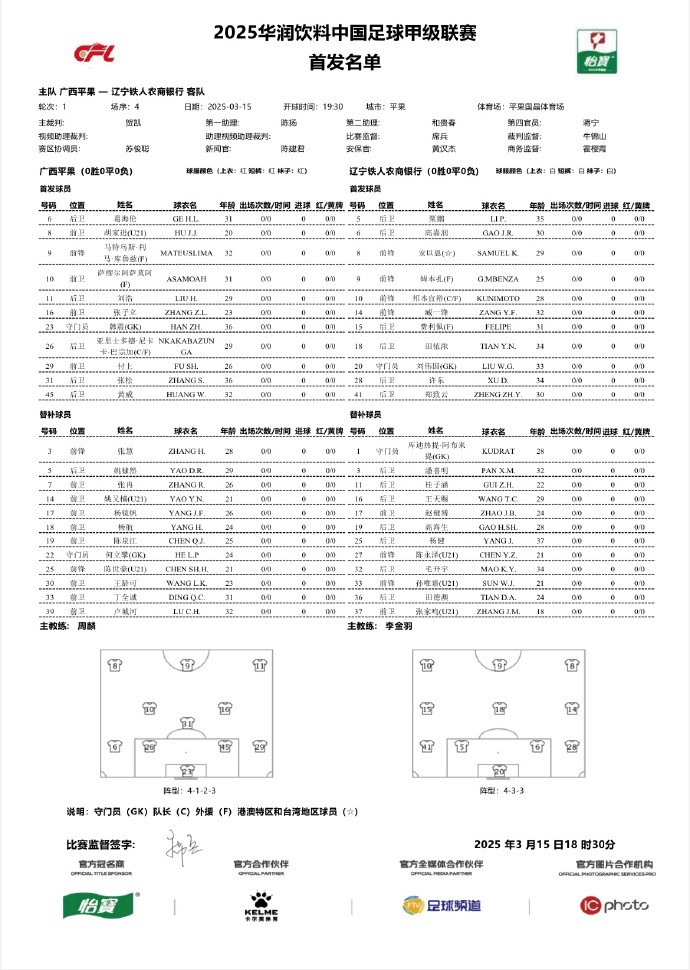 中甲-廣西平果vs遼寧鐵人首發(fā)：三外援對(duì)決三外援，安以恩出戰(zhàn)